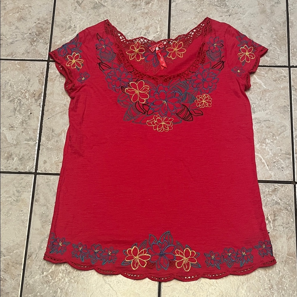 Next With Love Pink Floral Embroidered Sh Top XS